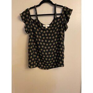 Michael Kors Women's Floral Cold Shoulder Top M Black/Gold